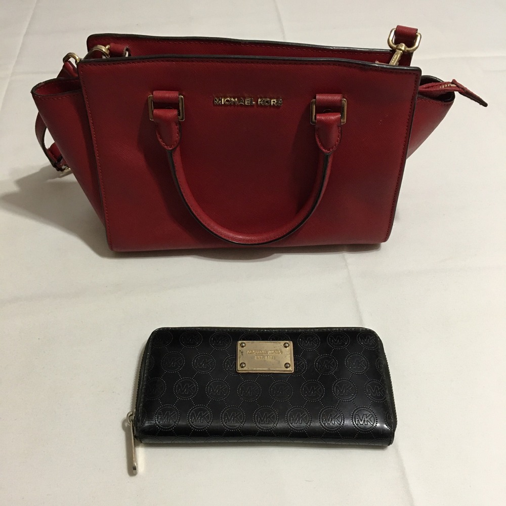 Lot of 2 Michael Kors Selma Satchel Bag Red and Black Wallet